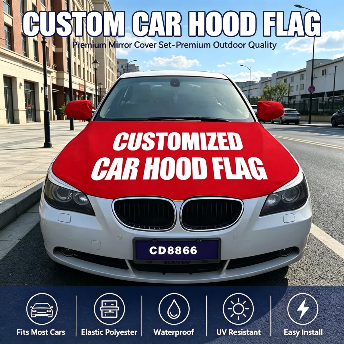 Custom Car Cover Hood Flag Commercial Advertising Automobile Sports Competition Rearview Mirror Flag Custom Car Cover Flag MegaBDM