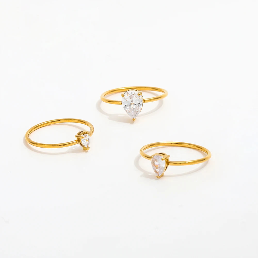 High End 18K Plain Gold Water Drop Zirconia Fine Lines Ring Stainless Steel Trendy Simple Gold Plated Fashion Jewelry