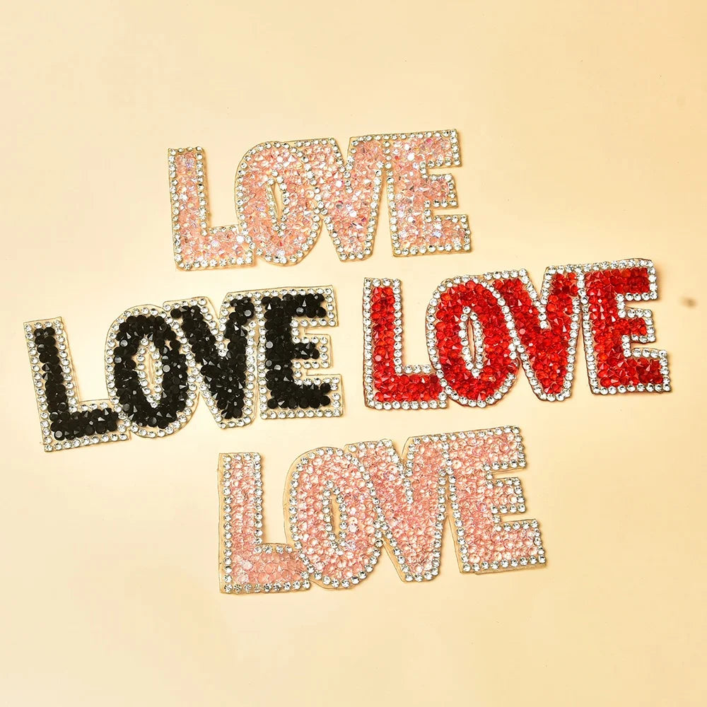 Wholesale Hot Fix Rhinestone LOVE Letter Shape Iron on Motifs Patches Applique for Hoodie Sweater Shirts