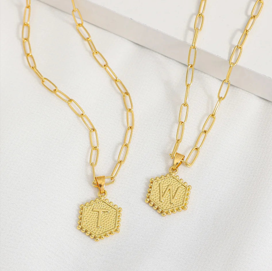 Customized Fashion Personalized Women's 18k Gold Plated Stainless Steel 26 Letter Pendant Necklace Hexagonal Necklace Jewelry