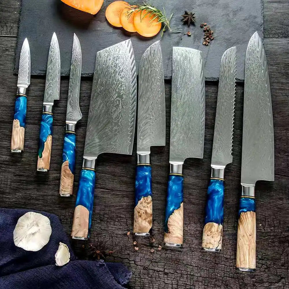 Wholesale Damascus Luxury  Resin Handle Stainless Kitchen Knife Set  Kitchen Knife Set  Colourful Knife Set