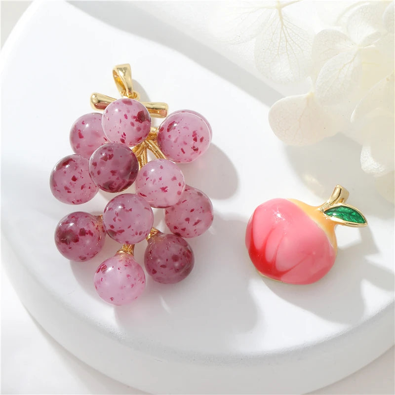 14K Gold Plated Peach Grape Fruit Shape Design Inspired Charms Wholesale for Bracelet and Necklace Diy Jewelry Making