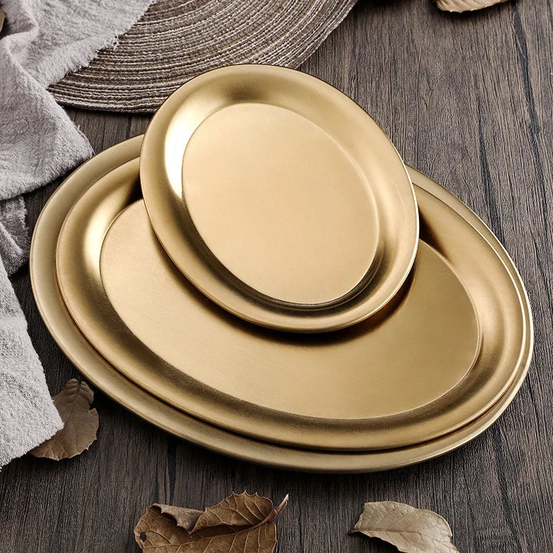 Restaurant Stainless Steel Oval Dinner Plate Serving Tray Korean Barbecue Picnic Snack Plates Dishes for Party