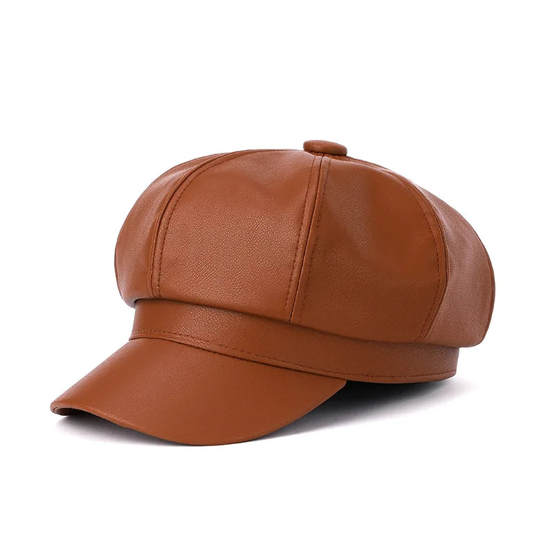 High Quality Outdoor Fashion Women Leather Hat Lady Casual Waterproof PU Leather 8 Panel Caps