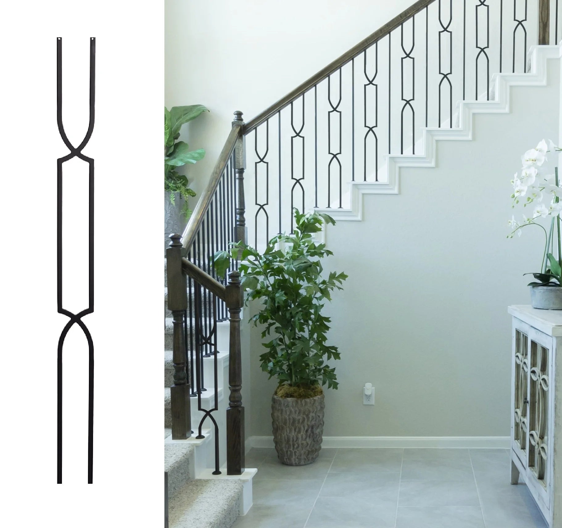 High Class Modern Indoor Wrought Iron Steel Stair Baluster Crossed Arch Design Satin Black Finish Lifetime Warranty Floor
