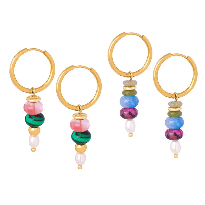 Customized Vintage Natural Colorful Stone Pearl Tassel Earrings Stainless Steel 18k Real Gold Plated Accessories for Women