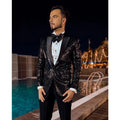 Black Sequins Mens Wedding Tuxedos Satin Lapel Mens Jacket Suits Set 2 Pieces Handsome Man Prom Party Formal Outfit Blazer Pant