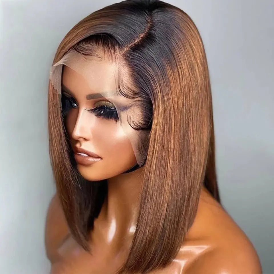 Remy Hair 13x4 HD Lace Closure Brown Human Hair Wig Ombre 1B 30 Bob Wig Brazilian Straight 13x4 Lace Frontal Short Bob Wig