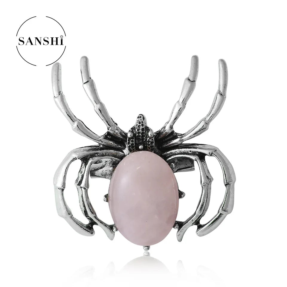 Wholesale Vintage Crystal Agate Shell Spider Inlaid Gem Zinc Alloy Antique Copper Plated Pendant Pin Necklace