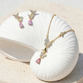 Luxury S925 Sterling Silver Butterfly Jewelry Set Gold Plated CZ Pave Necklace & Earrings with Pink Zircon Drop Women's Gift