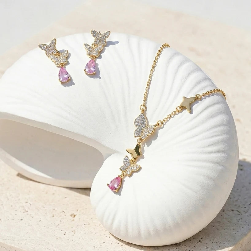 Luxury S925 Sterling Silver Butterfly Jewelry Set Gold Plated CZ Pave Necklace & Earrings with Pink Zircon Drop Women's Gift