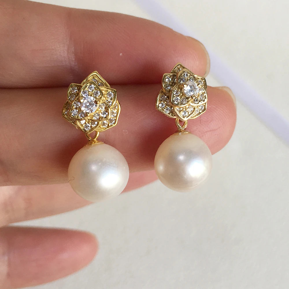 AAA Grade 9 mm Freshwater Pearl Earrings 925 Silver & 18K Gold Plated Fashion Camellia Design for Weddings & Anniversaries