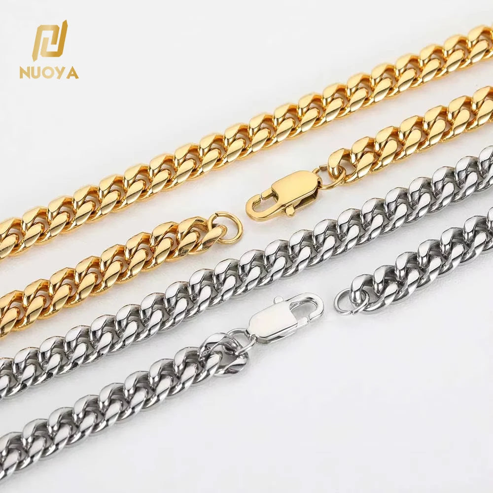 NUOYA 18K Gold Plated 8mm Stainless Steel Silver Polished Miami Cuban Link Chain Bracelet Men Hip Hop Jewelry
