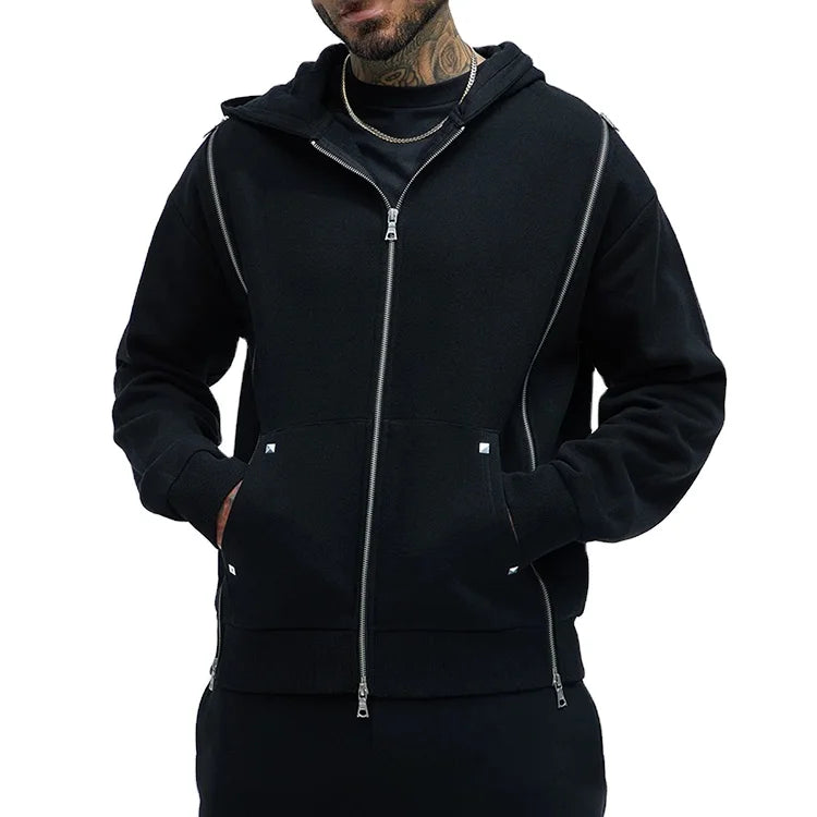 YUCHEN Black Customized Boxy Blank Oversized Studded Metal Zip Hoodie Men Splice 360g Cotton Long Sleeve Sweatshirt