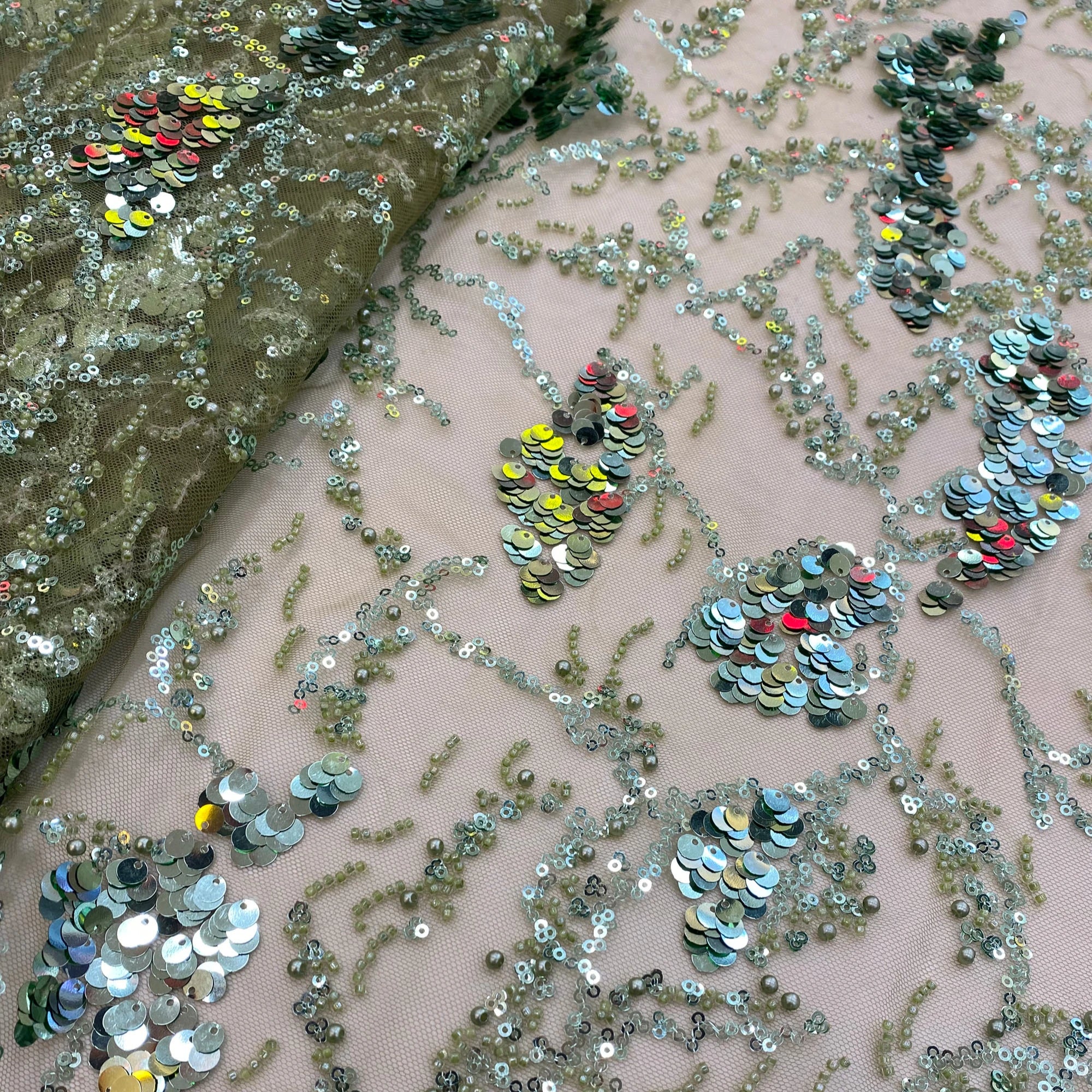 Army Green Crystal Beaded Sequins Wedding Bridal Embroidery Handmade Beads Sequins Fabric