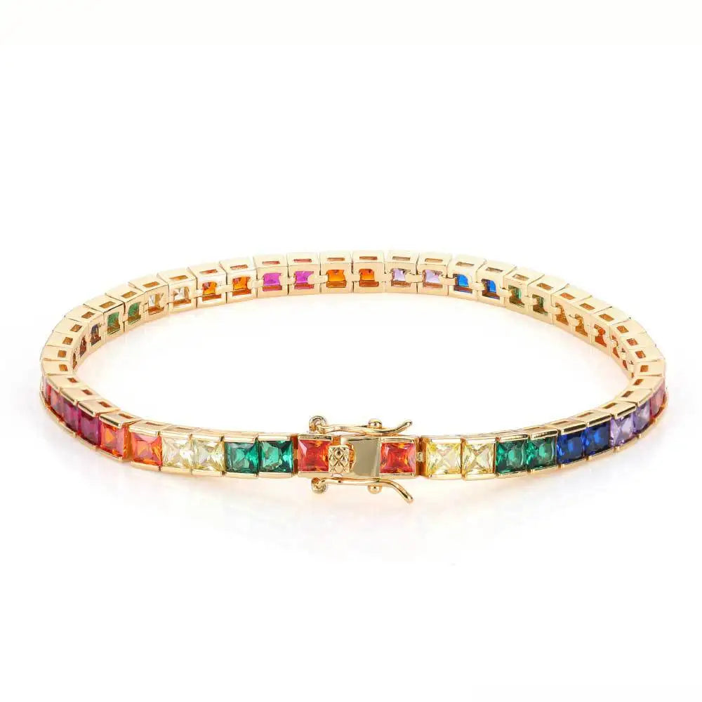 Real Gold Plated Brass Tennis Bracelet 4mm Colorful Diamond Cubic Zirconia in Rainbow Geometric Pattern Rhodium Plated Gift