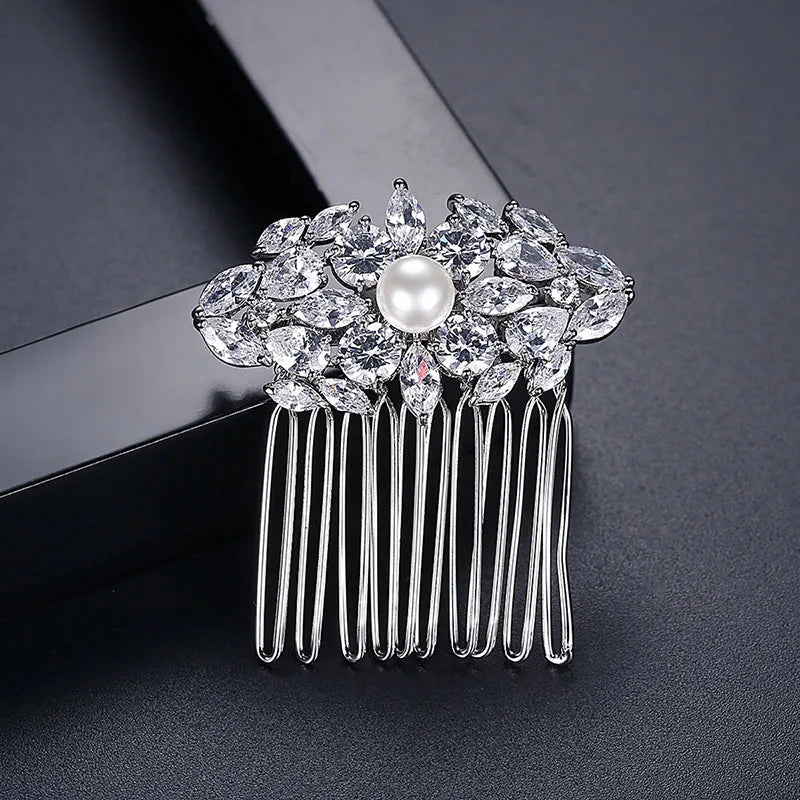SLBRIDAL Top Grade Prong Setting Clear Cubic Zircon Pearls Wedding Hair Comb Bridal CZ Headpieces Hair accessories Women Jewelry