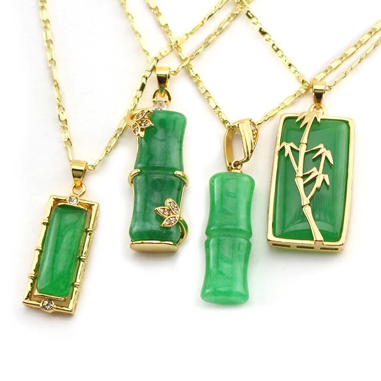 HY0009 New Style Natural Green Jade Rectangle Bamboo Pendant Symbolizing Continuous Promotion and Wealth Copper Necklace.