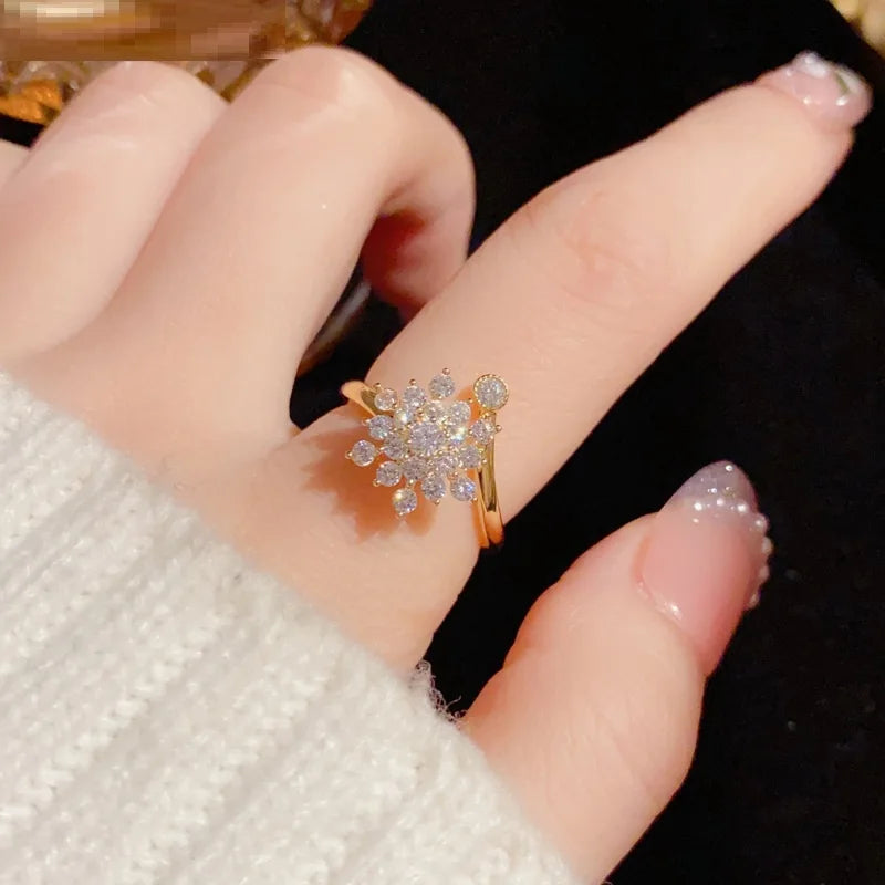 Rotatable Spinner Ring Rotating Adjustable Fidget Rings for Anxiety Design Full Diamond Rotating Snowflake Open Ring