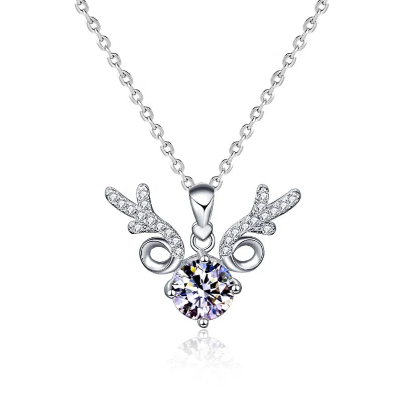 Fine 925 Silver Necklaces Animal Elk Reindeer Antlers Gemstone Moissanite Pendant Necklace Christmas Jewelry for Women