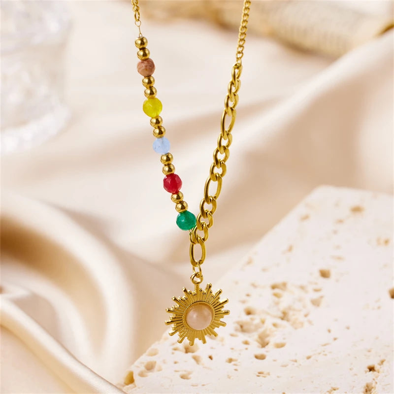 In Stock Non Fading Colorful Beaded Gold Plated Stainless Steel Necklace Mix Chain Natural Stone Sun Pendant Necklace for Women