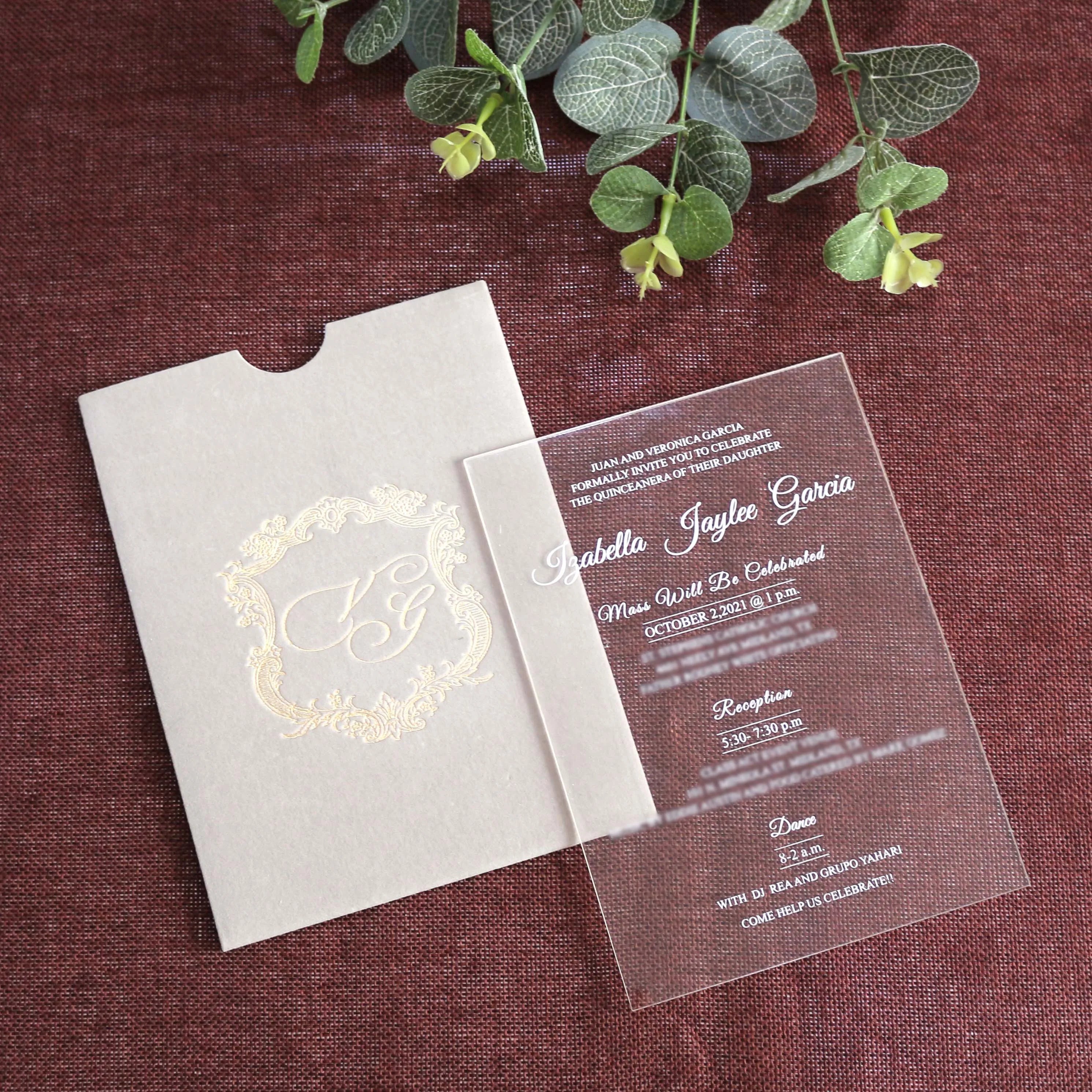 Engagement Custom Transparent Lucite Acrylic Wedding Invitations Card With Cream Velvet Pocket Envelope