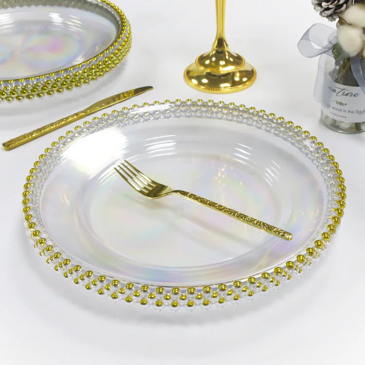 China Wholesale Gold Beaded Clear Plastic Charger Plates for Wedding Banquet Restaurant Party Supplies