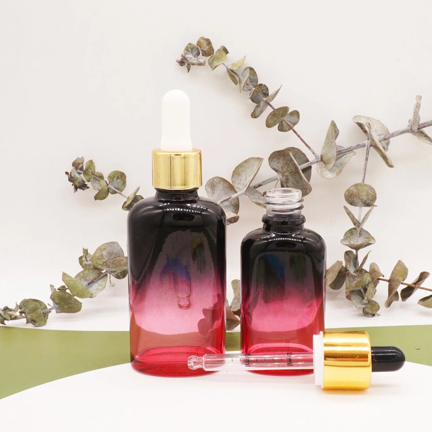 50ml Black Red Gradient Oblate Glass Round 30ml Serum Bottle with with Markings Dropper