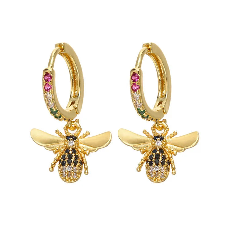 EC1934 Hot Sale 18K Gold Plated CZ Micro Pave Crystal Bee Insect Charm Huggies Honey Bee Huggie Earring
