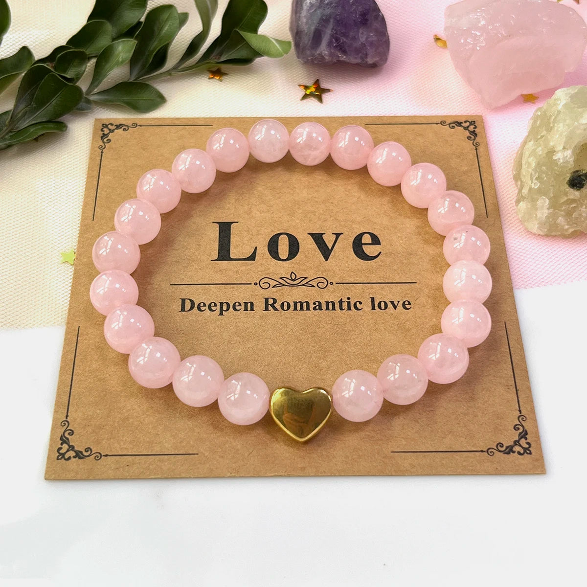 Bohemian Women's Fashion Charm Jewelry Handmade Stainless Steel Heart Charm 8mm Genuine Rose Quartz Stone Bracelet for Birthday