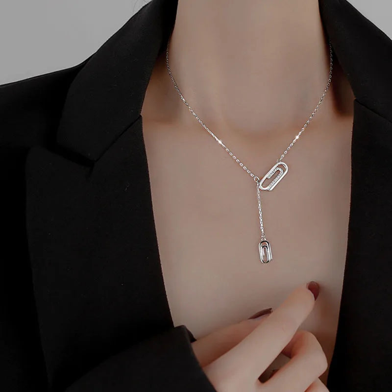 GT Collier En Argent Trendy Crystal Charm Clavicle Chain Paper Clips Necklaces for Women Mainly Made of Brass