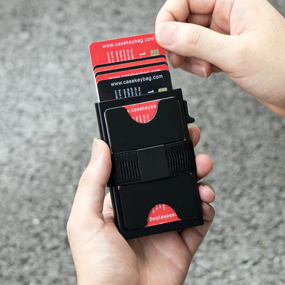 Personalized Brand Logo Titanium Smart Wallet Thin Slide up Metal Card Holder With Rfid Blocking Backplate and Elastic Strap