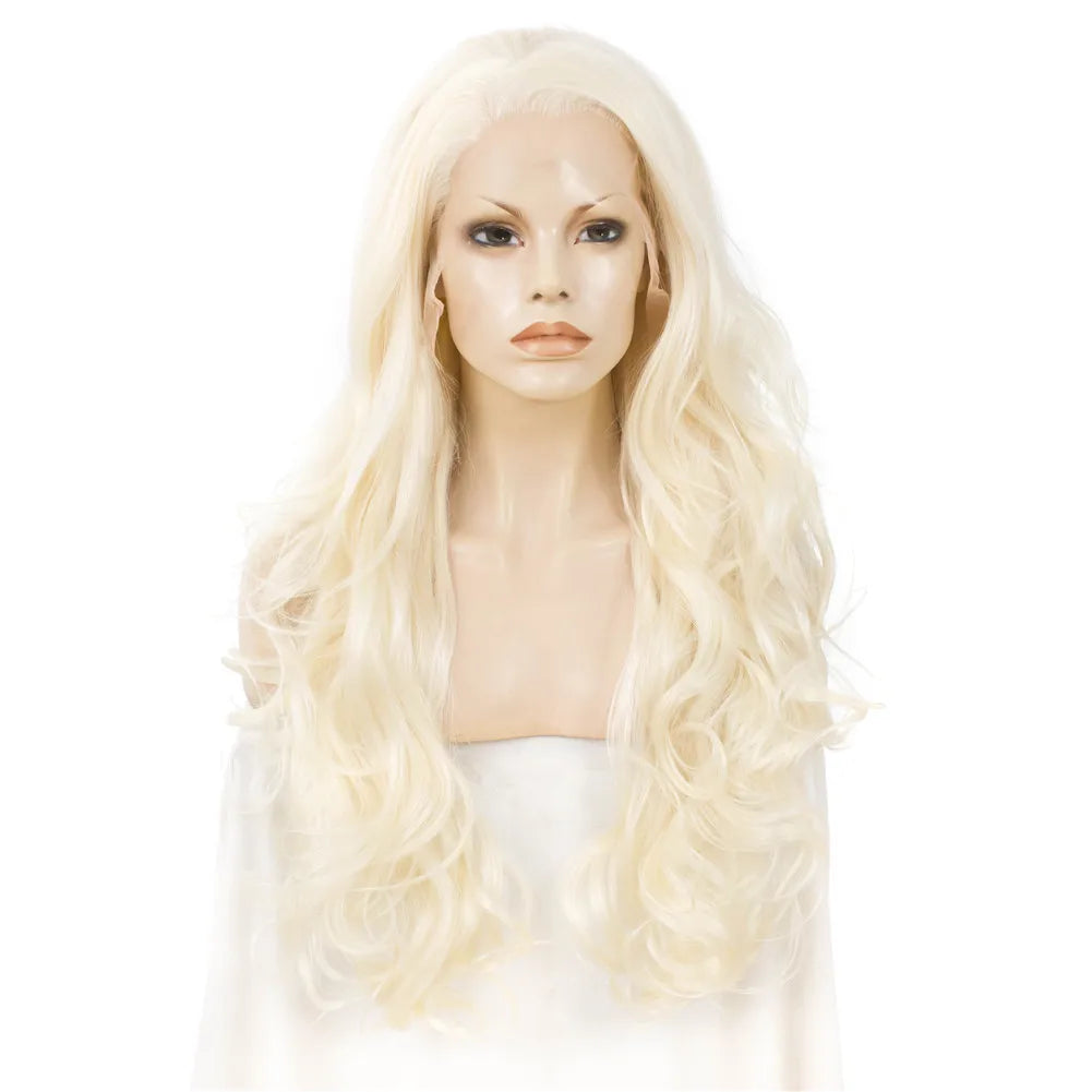Celebrity 28inch White Blond Body Wave Drag Queen Cosplay Wig  Perruque Lace Front Synthetic Lace Wigs Heat Resistant