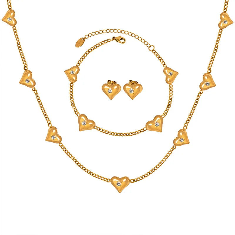 Wholesale 18K Gold Plated Stainless Steel Ladies' Jewellery Set Waterproof Zircon Heart Earrings and Necklace for Anniversaries