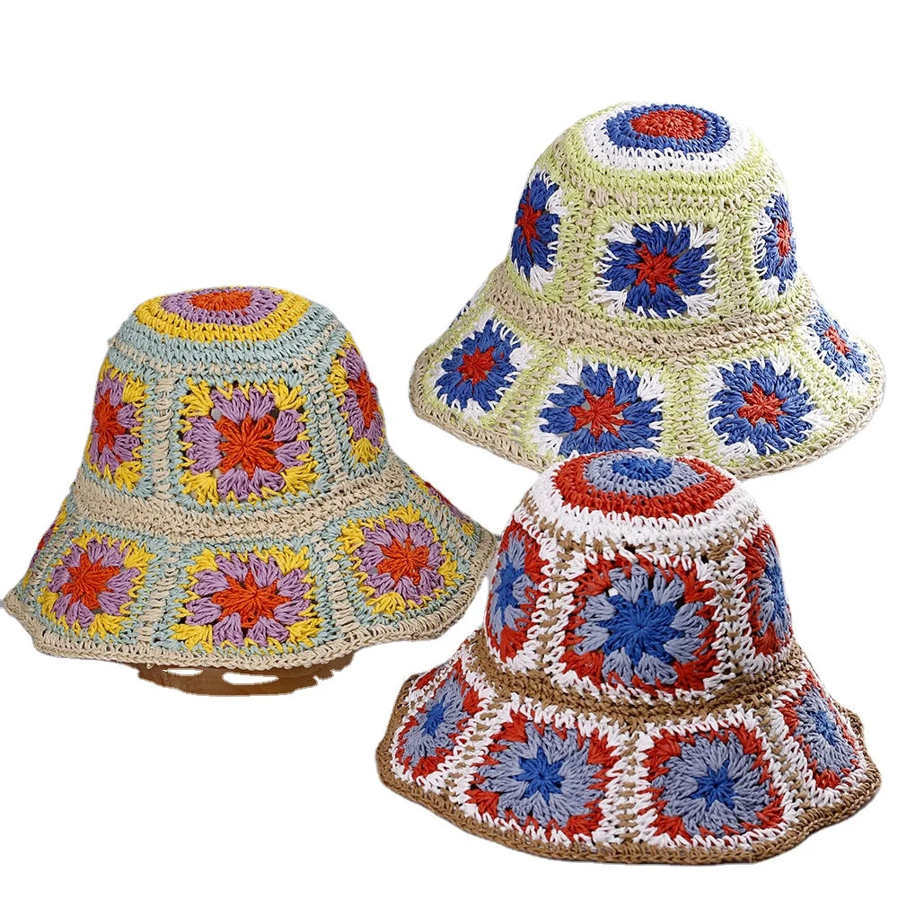 Bohemian Style Womens Straw Hats Weave Hollow Flower Bucket Hat UV Protection Sunhat Visors Ladies Summer Beach Hat Cap