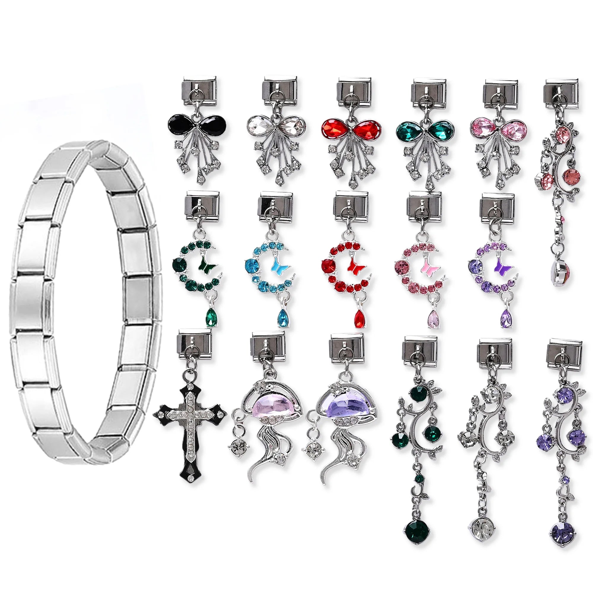 Large Size Colorful Italian Charm Pendant Stainless Steel Hot Sale Bow Moon and Stars with Diamonds Italian Charms Bracelet