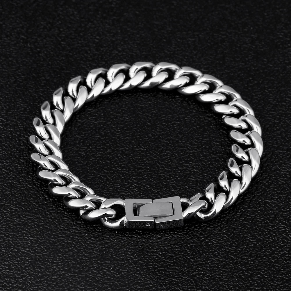 KRKC Drop Shipping RTS Stock No MOQ Rhodium Silver PVD Plated 316L Stainless Steel 10mm Cuban Link Bracelet