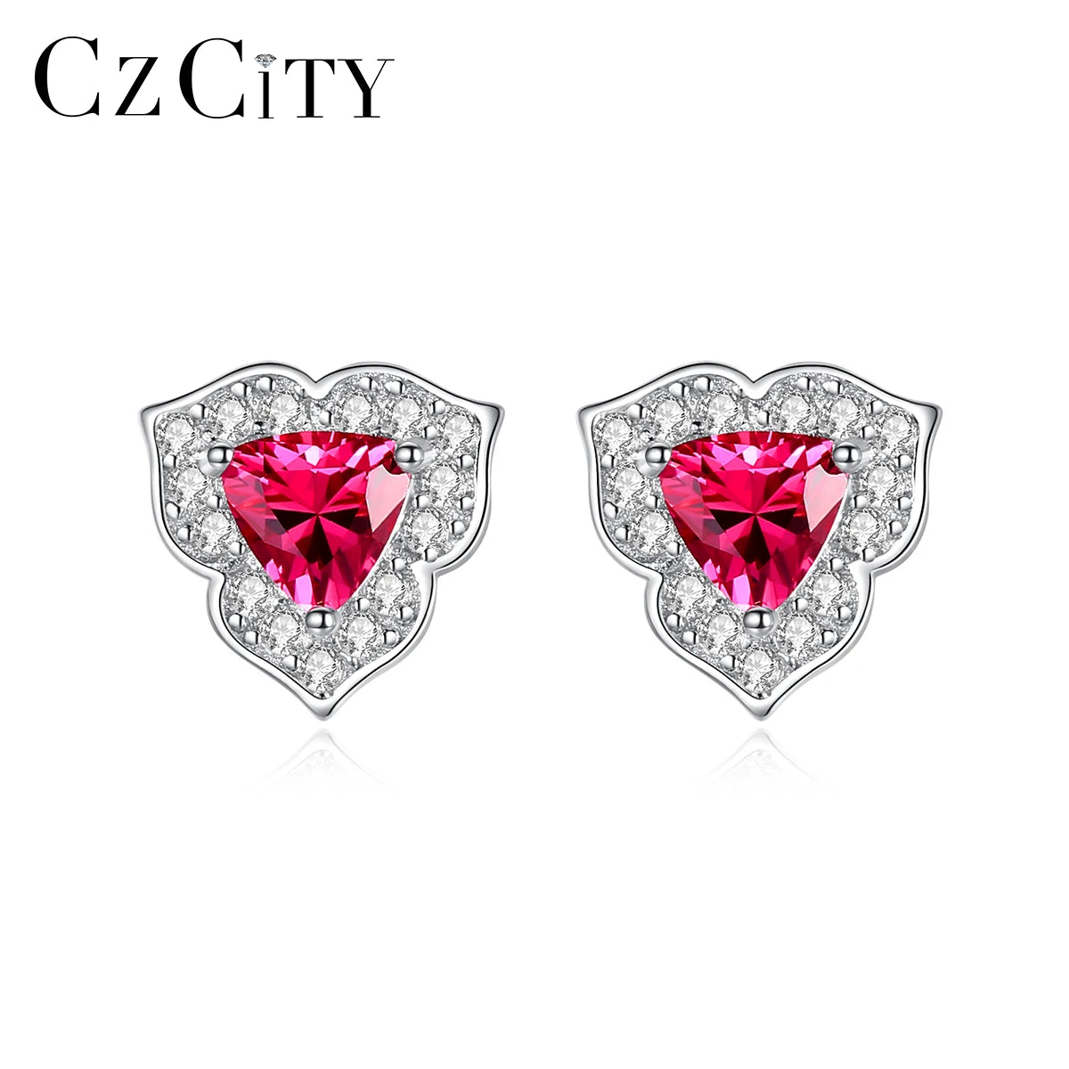 CZCITY Three Petals Sterling Silver S925 Elegant Triangle Red Heart  Earring Jewelry for Women Wholesale