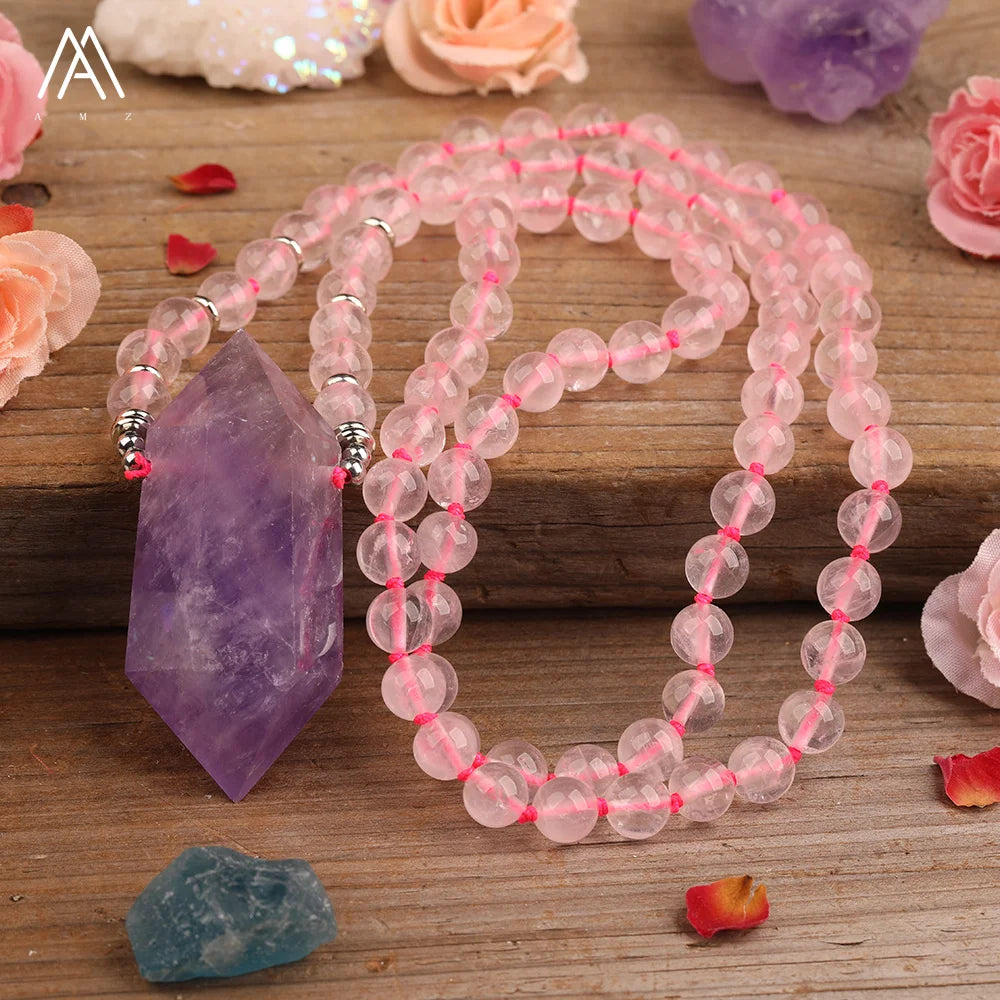 Double Amethyst Crystal Point Mala Necklace  Rose Quartz Prayer Beads Chakra Necklaces Trendy Jewelry