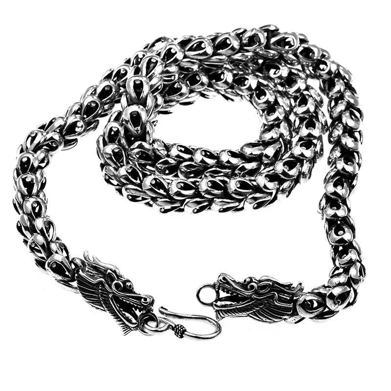 Unique Design Jewelry Vintage Manly  S925 925 Sterling Silver Dragon Squama Scale Double Dragon Head Choker Necklace for Men