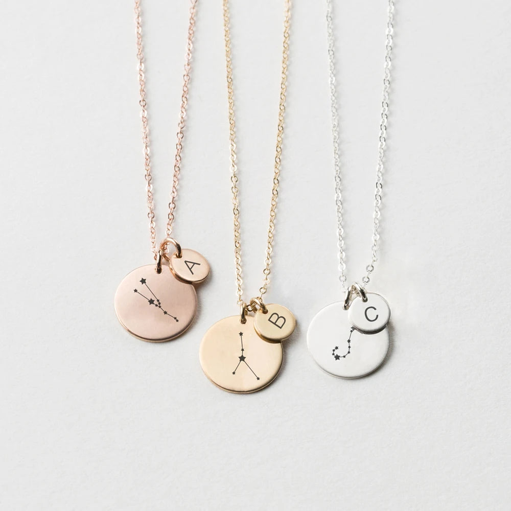 316L Stainless Steel Custom Engraved Zodiac Symbols Initial Name Letter Double Disc Pendants Necklace