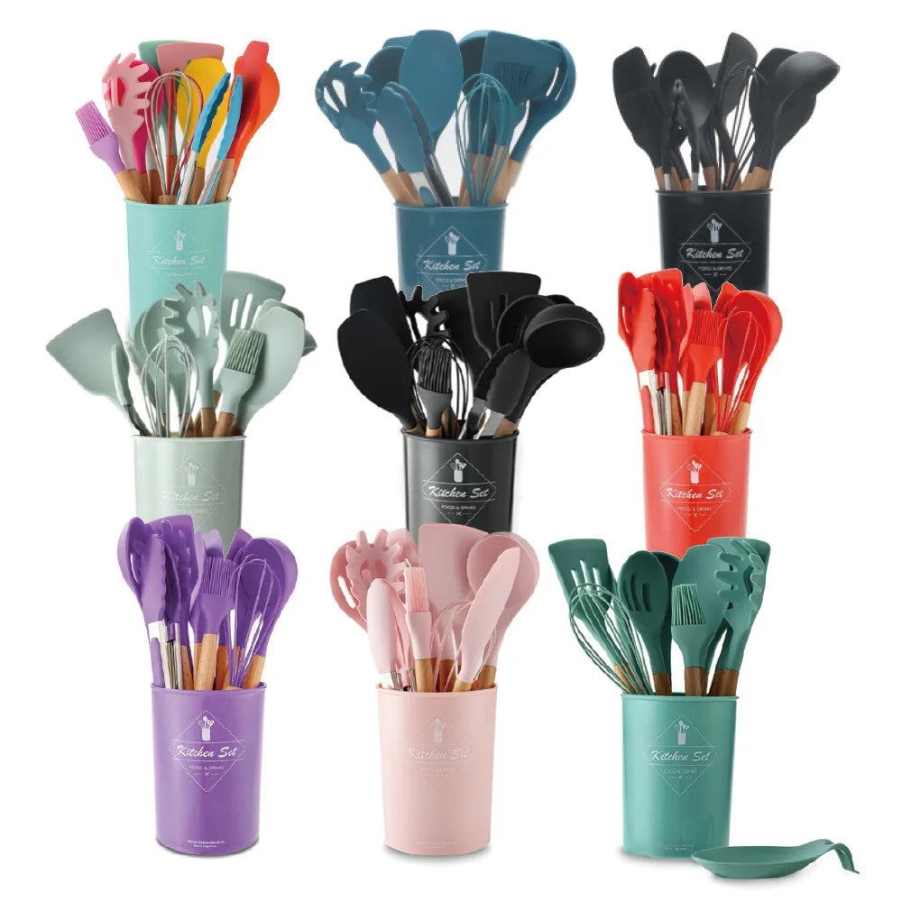 12 Pieces in 1 Set Kitchen Silicone Utensils with Holder Silicone Utensil Set for Cooking with Wooden Handle MegaBDM