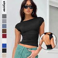 Shanhao Womens Y2K Summer Fashion Sexy Backless Slim BM Top T-Shirt Comfortable Breathable Short-Sleeved Nylon Casual