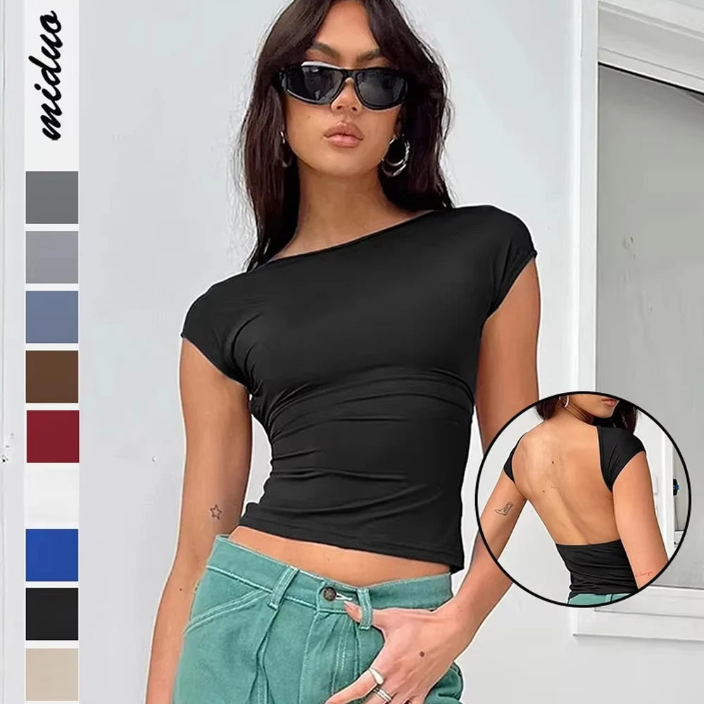Shanhao Womens Y2K Summer Fashion Sexy Backless Slim BM Top T-Shirt Comfortable Breathable Short-Sleeved Nylon Casual