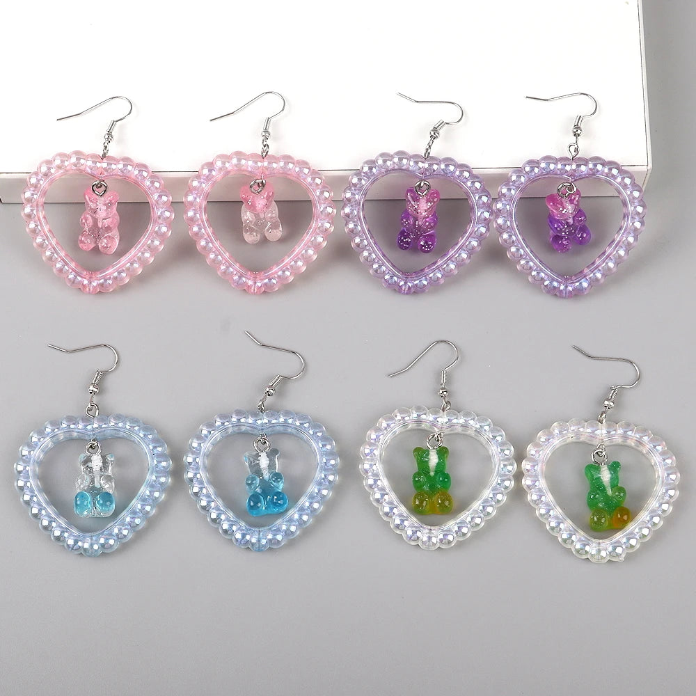 Ins2023 Super Hot Laser Candy Bear Flexible Glitter Pendant Hollow Acrylic Love Bear Earrings Pearl Gift Resin Drop Earrings FS
