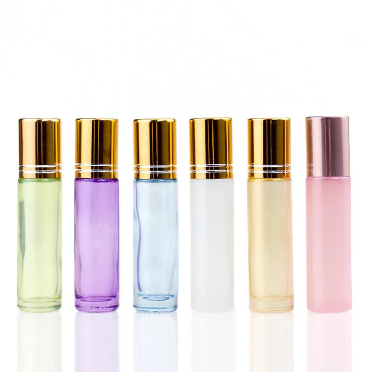 10ml Pearl pink White Green Yellow Blue Purple Glass Roll on Bottle With Steel Roller/gold/silver/pink Cap