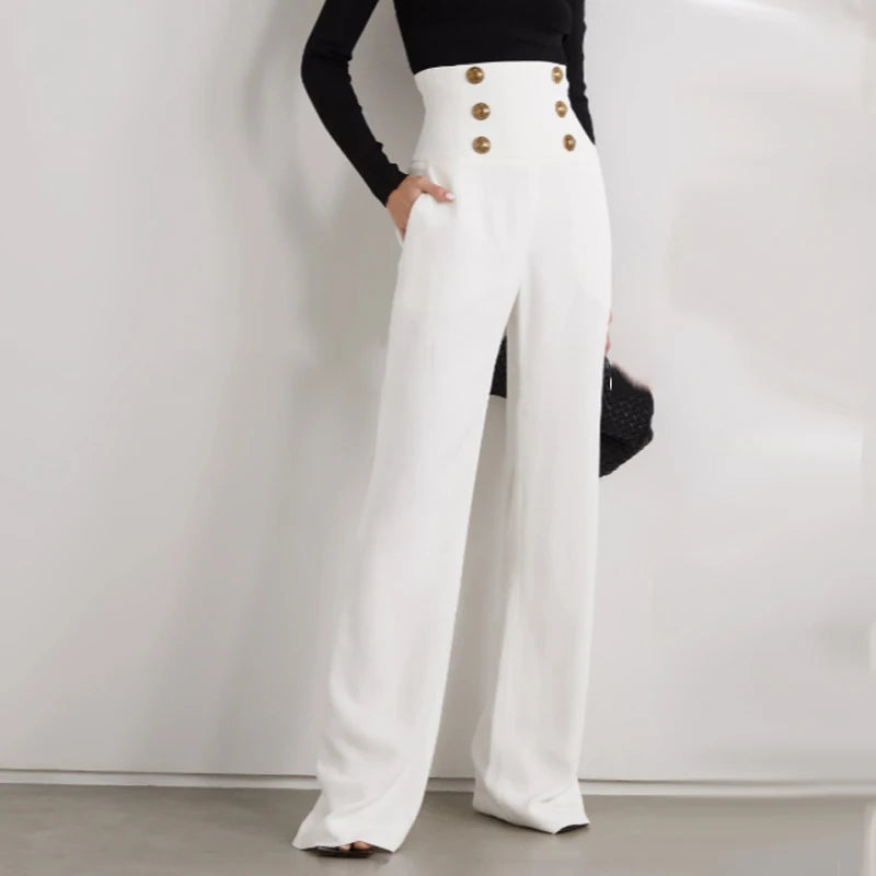 New Arrival Women Summer Empire Waist Gold Buttons Luxury Design Full Length Wide-leg Loose Women Casual Pants