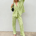 10%OFF Solid Color Pleated Suit Suit Collar Long Sleeve Top Elastic Waist Loose Pants Two Piece Set