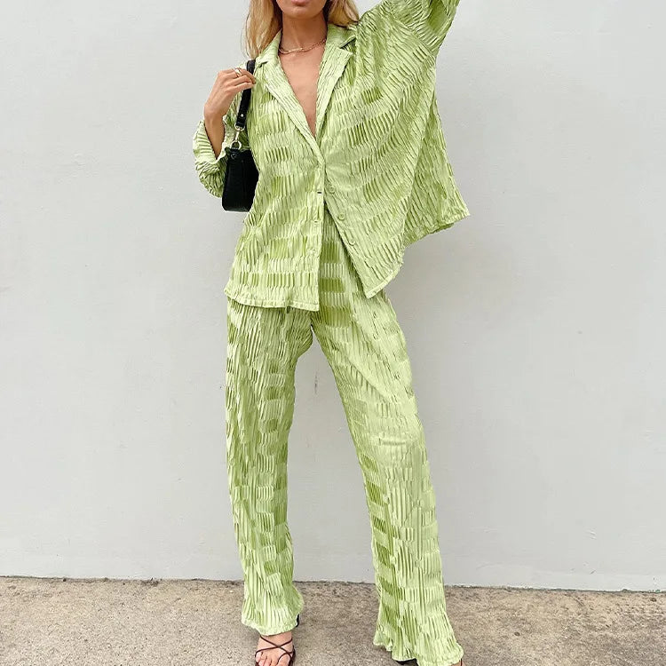 10%OFF Solid Color Pleated Suit Suit Collar Long Sleeve Top Elastic Waist Loose Pants Two Piece Set