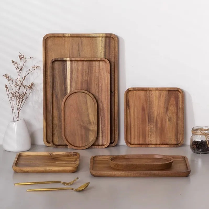 Hot Sale Natural Eco Friendly Custom Solid Dessert Snack Steak Rectangle Acacia Wood Plate for Serving